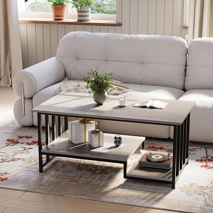 Coffee Table, 39 Inch 2-Tier Farmhouse Rustic Coffee Table with Storage, Modern Rectangle Wooden Center Table, for Living Room, Small Space, Easy Assembly, Wash Gray