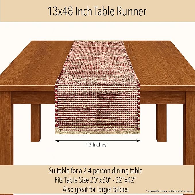 Chardin home Natural Jute Table Runner 13x48 Inch – Vintage Boho Rustic Table Decor – Handwoven Table Runner in Natural Jute and Red – Farmhouse Dining or Console Table Accent