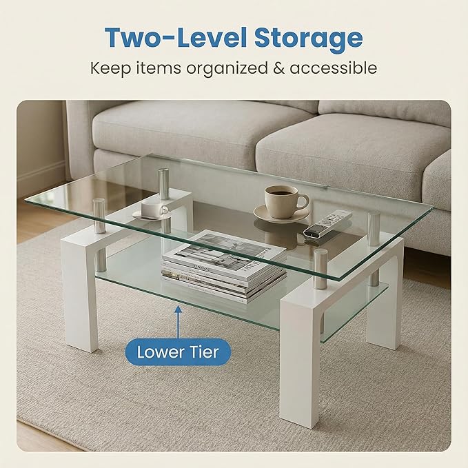Glass Coffee Table for Living Room, Modern Coffee Table with Transparent Tempered Glass Top and White Metal Legs, Rectangle Tea Table for Home