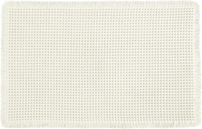 Hiasan Waffle Bath Mat, Super Absorbent Non Slip Bathroom Boho Rug with Tassels, Machine Washable Bath Mats for Bathroom, Ultra Soft Rubber Backed Rug, White, 20 x 32 Inches