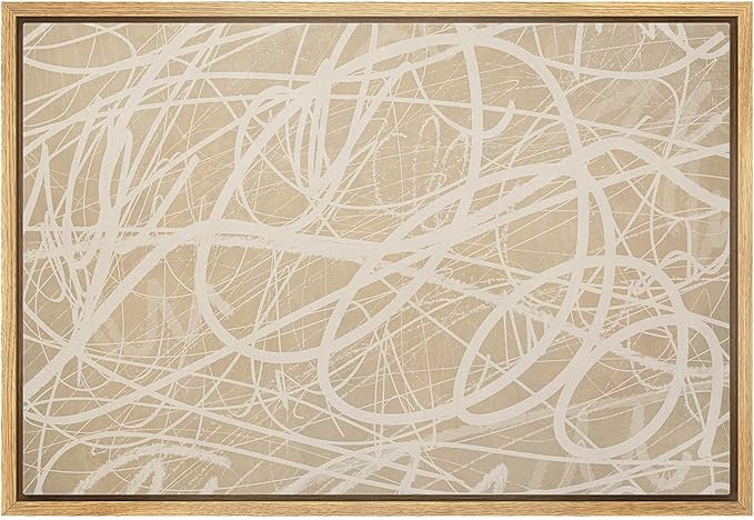 MUDECOR Framed Canvas Print Wall Art Beige Abstract Line Scribble Modern Minimal Illustrations Minimalism Decorative Bohemian Zen for Living Room, Bedroom, Office - 16"x24" NATURAL