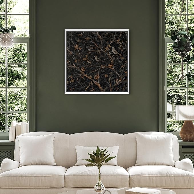 SIGNFORD Framed Canvas Print Wall Art Dark Botanical Birds and Branches Modern Art Relax/Calm Warm for Living Room, Bedroom, Office - 24"x24" WHITE
