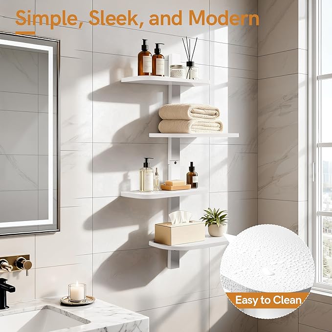 Afuly White Floating Shelves for Wall Display Shelf Unit Modern Decorative Solid Wood Shelving Home Decor Living Room Bedroom Coffee Bar Bathroom Small Space Plant Photo Set of 4