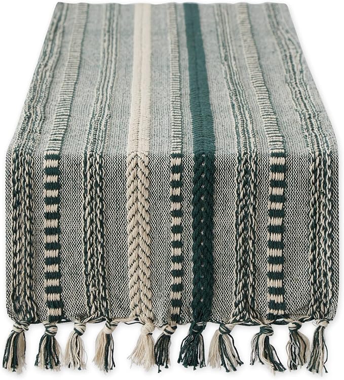 DII Farmhouse Braided Stripe Table Runner Collection, 15x108 (15x113, Fringe Included), Dark Green