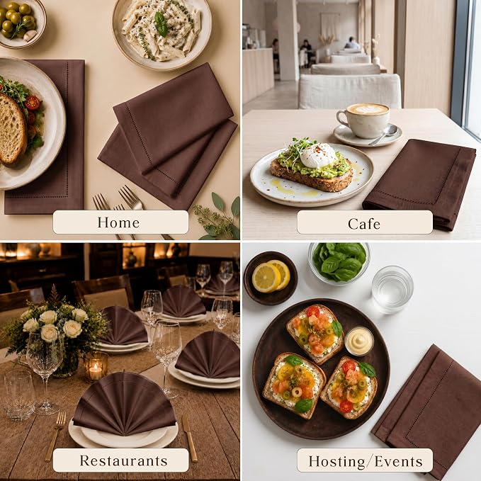 Hemstitch Cloth Napkins, Set of 12-100% Cotton Dinner Napkins 18x18 - Soft Absorbent Cloth Napkins for Wedding & Formal Dinner - Holiday, Christmas Cotton Dinner Napkins - Chocolate Brown