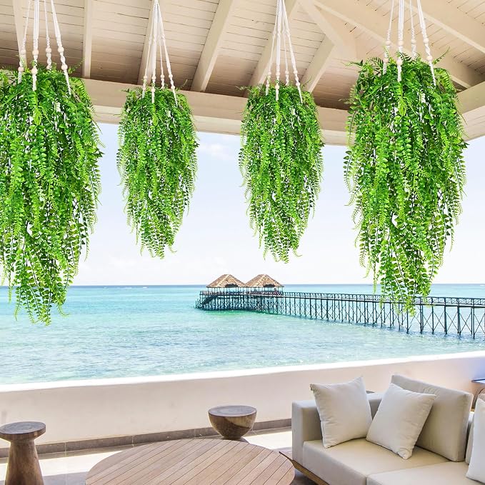 Waipfaru 4Pcs Fake Ferns Fake Hanging Plants Artificial Ferns for Outdoors，UV Resistant Plastic Fake Plants for Indoor Wall Porch Wedding Party Holiday Decor