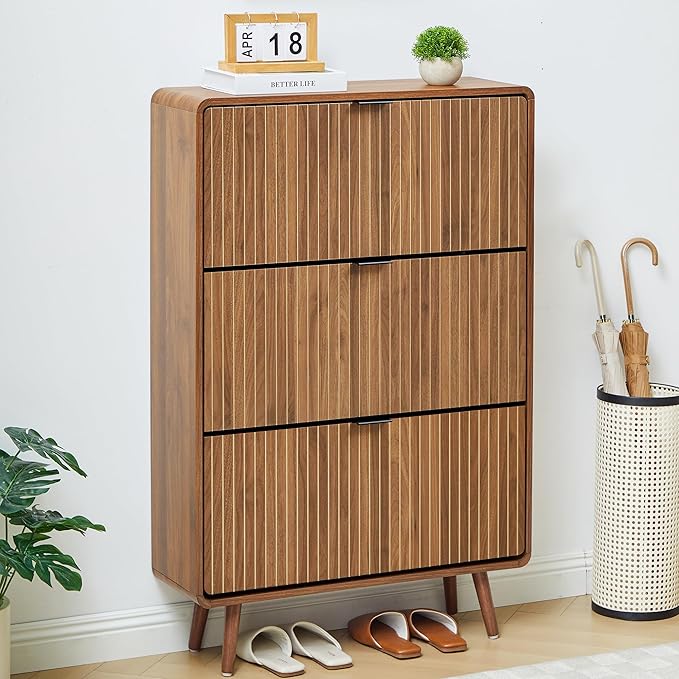 FurSch Narrow Shoe Cabinet Storage for Entryway,Slim Tall Shoe Cabinet with 3 Flip Drawers, Fluted Shoes Rack Organizer (All Walnut, 3 Drawers)