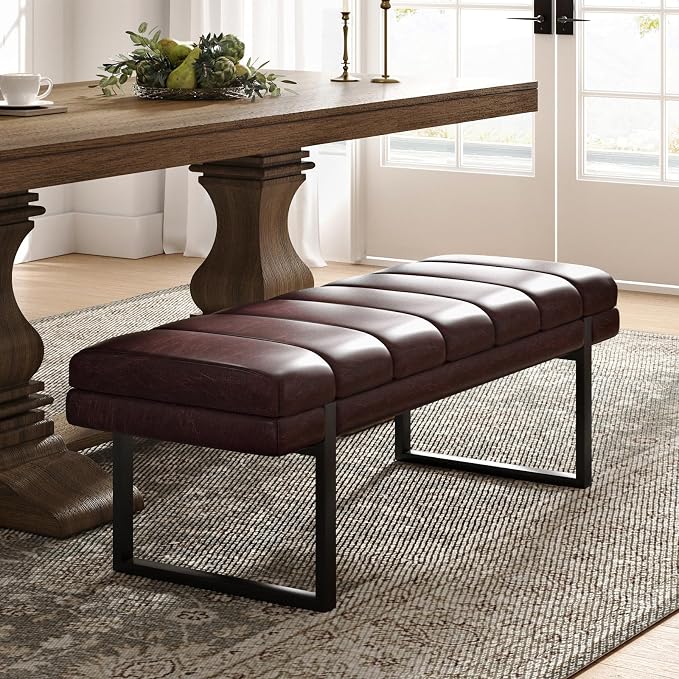 HULALA HOME 53" Faux Leather Entryway Bench, Button Tufted End of Bed Bench Ottoman for Bedroom, Living Room with Metal Base,Brown