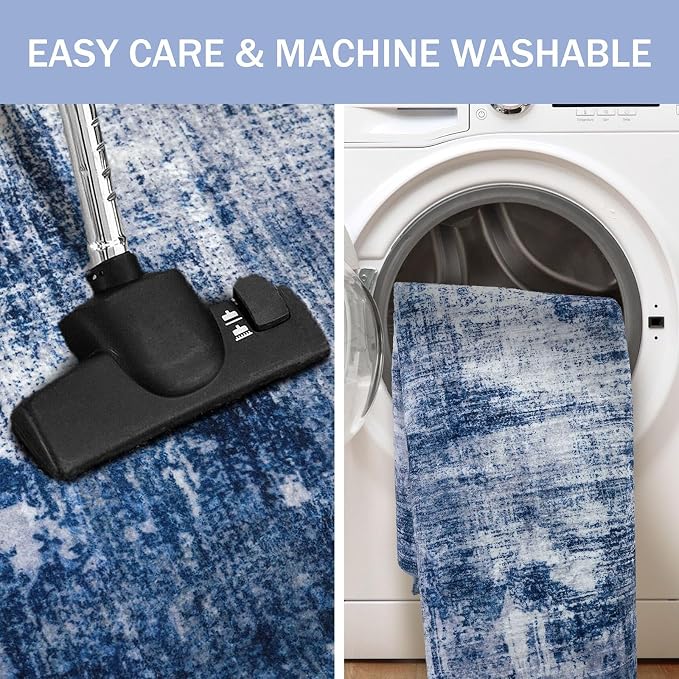 IOHOUZE Abstract Runner Rug 3x6 Ft Washable Runners for Hallways, Non Slip Kitchen Runner Printed Faux Wool Entryway Runner Indoor, Modern Abstract Floor Carpet for Hall Kitchen Bedroom, Navy/Grey