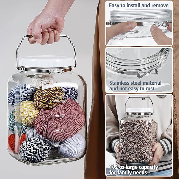 2 Pack 1.5 Gallon Glass Jar with Lid Wide Mouth, Large Mason Jar with Airtight Screw Lid and Handle, Clear Glass Storage Containers with 2 Scale Mark for Flour, Cookie, Candy, Kombucha and Fermention