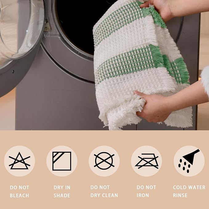 Waffle Bath Mat Non Slip, Boho Bathroom Rug, Super Absorbent Quick Dry Bathroom Mat, Soft Farmhouse Bath Rug with Tassels, Small Washable Shower Mats for Floor 16"x24", White and Green