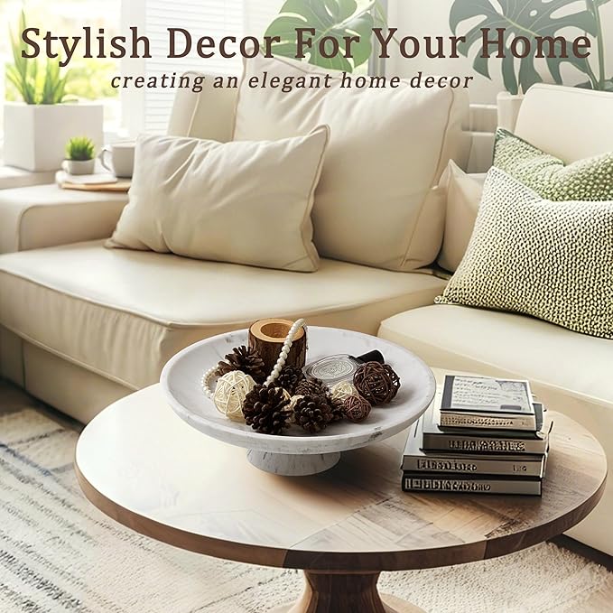 YMXYJM Modern Resin Pedestal Decorative Bowl, Large Fruit Bowl for Kitchen Counter, Stylish Key Bowl for Entryway Table, Marble white