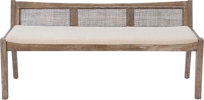 Kasi Brown Low Back Cane Bench with Beige Upholstered Seat by Powell