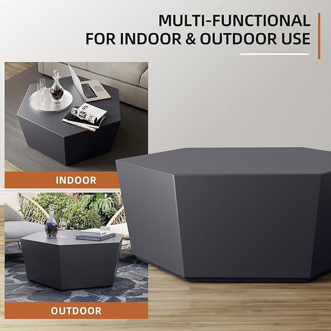 UPHA 35" Hexagon Outdoor Coffee Table, Modern Hollow Concrete Patio Table, Small Minimalist Low Accent Table for Living Room, Balcony, Deck, Backyard, Dark Gray