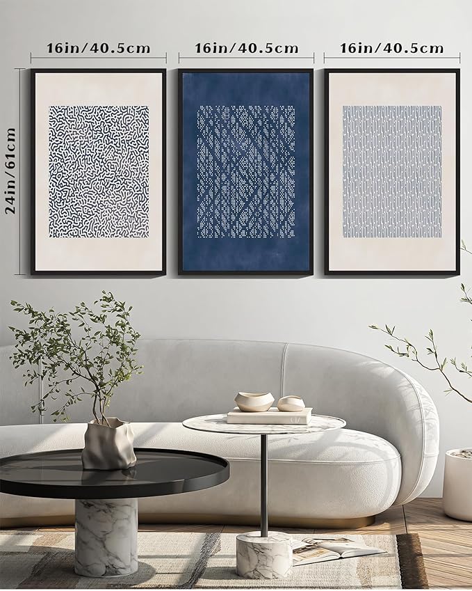 Drsoum Blue Mid-Century Modern Framed Wall Art Large 16x24in Minimalist Abstract Boho Wall Decor Geometric Artwork Kitchen Dining Room Black Framed