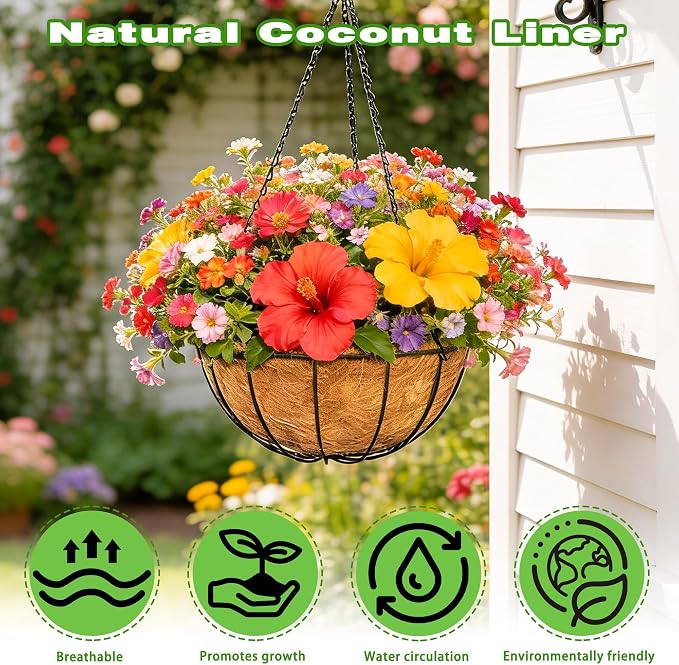 4 Pack 12 Inch Black Metal Hanging Basket Hanging Planter with Coco Coir Liner Heavy Duty Hanging Flower Pot Holder for Indoor Outdoor Patio Garden Porch Balcony Decor (Watermelon)