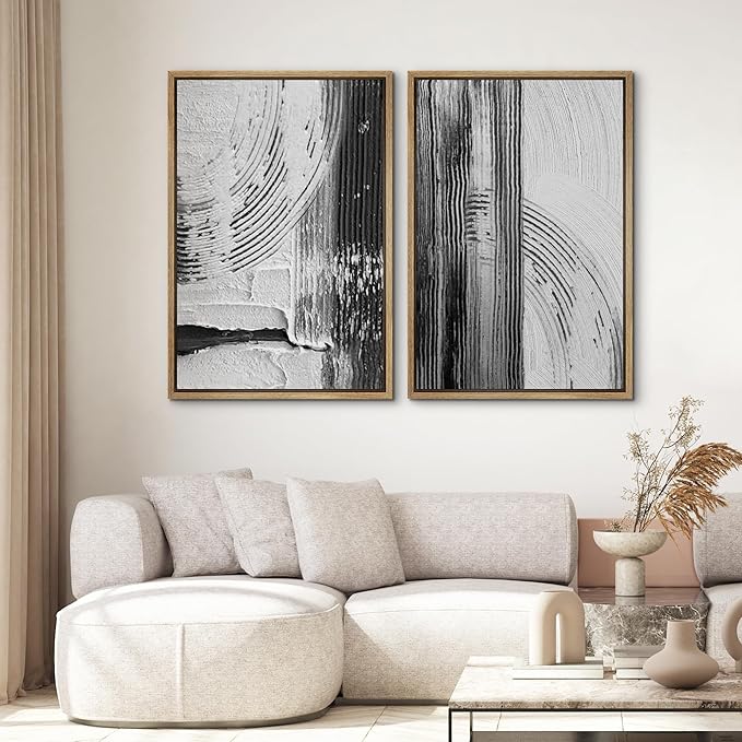 SIGNWIN Framed Canvas Print Wall Art Set Black White Industrial Paint Strokes Abstract Shapes Illustrations Modern Art Minimal Decorative Nordic for Living Room, Bedroom, Office - 24"x36"x2 Natural
