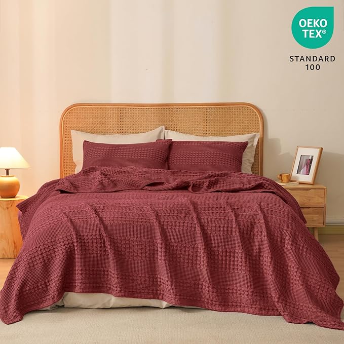 PHF 100% Cotton Waffle Weave Blanket Twin Size for Bed, Soft Lightweight & Breathable for Spring and Summer, All-Season Comfort, Luxury Aesthetic Blanket for Home Decor, 66"x90", Wine Red