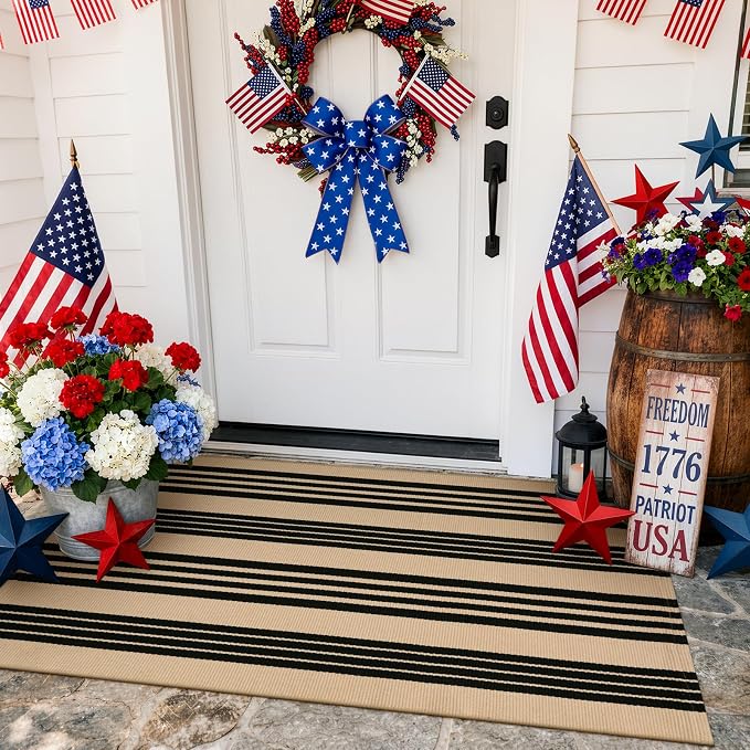 KIMODE Front Door Mats 24"x51", Black and Khaki Striped Layered Door Mats Outdoor,Machine Washable Farmhouse Front Porch Rug Decor Cotton Hand Woven Entryway Rug for Doorway