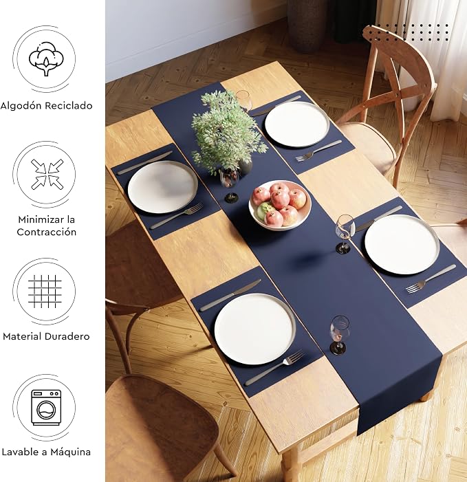 Encasa XO Dining Table Runner 13"x79" | Yarn Dyed Fine Ribbed Cotton | Solid Navy Blue | Machine Washable
