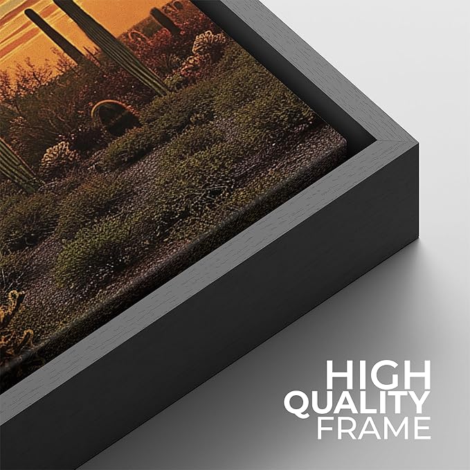 SIGNFORD Framed Canvas Print Wall Art Set Desert Sunset Cactus Artwork, Dramatic Sky Southwest Landscape Illustrations Modern Art Minimal Relax/Calm for Living Room, Bedroom, Office - 24"x24"x2 BLACK