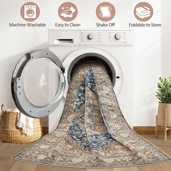 5x8 Area Rug Living Room: Washable Boho Large Neutral Vintage Soft Rugs Stain Resistant Farmhouse Non-Slip Indoor Floor Carpet for Bedroom Nursery Kids Office Dining Room Playroom- Yellow Blue