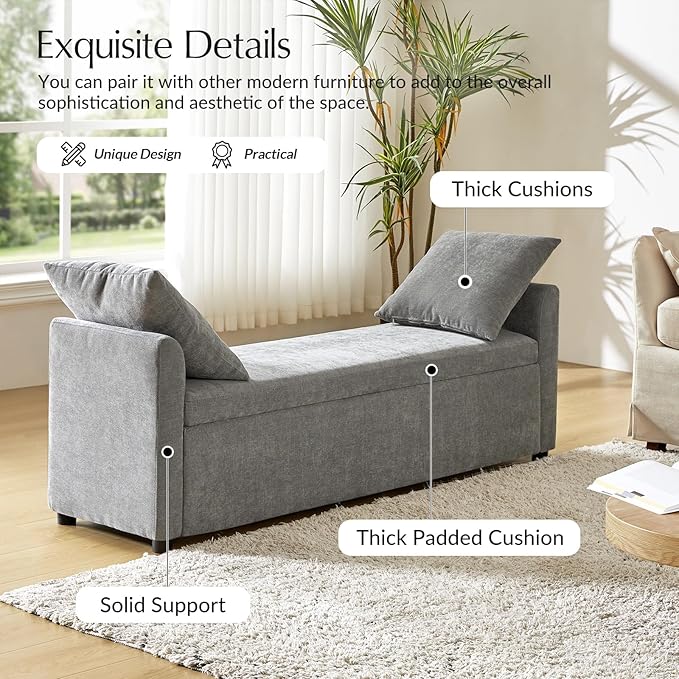 59.5" Modern Storage Ottoman Bedroom Bench, End of Bed Bench with Arms and Throw Pillows, Footrest Stool for Living, Dining Room, Entryway and Hallway, Grey