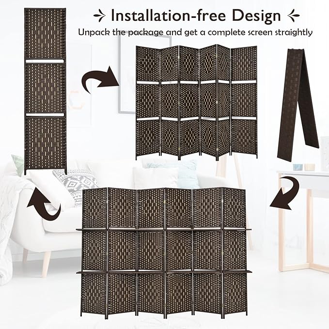 Giantex 6Ft 6 Panel Room Divider with Shelves, Freestanding Hand-Woven Rattan Folding Privacy Screens for Room Separation, Wooden Partition Room Divider Wall for Home Office Studio Separator