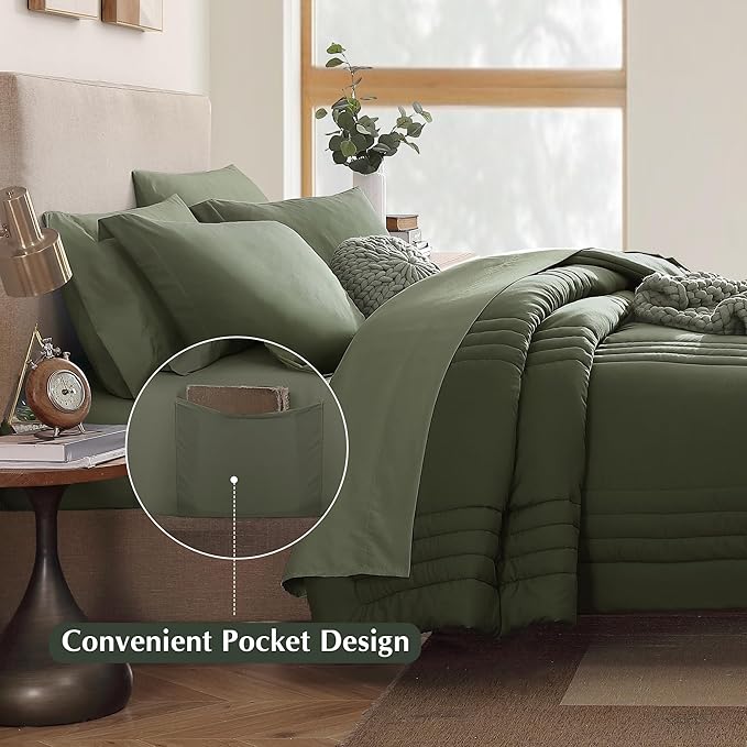 Monbix King Size Comforter Set - 7 Pieces Bed in a Bag King, Olive Green Bedding Sets with Comforter, All Seasons Comforter Bed Set with Sheets, Pillowcases & Shams