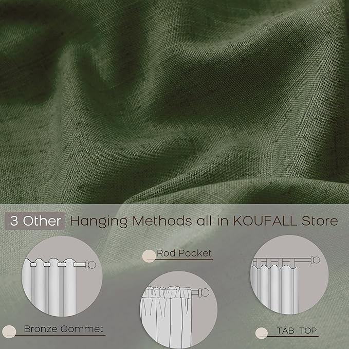 KOUFALL Olive Green Back Tab Rod Pocket Linen Sheer Curtains 52 by 96 for Bedroom