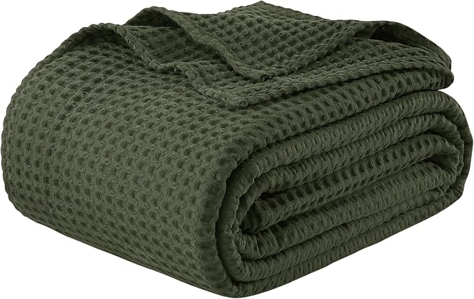 100% Egyptian Cotton Waffle Weave Throw Blanket for Couch, 320 GSM - Breathable and Soft for Spring Summer, Lightweight All Season Throw Blanket for Sofa, Office (50x60 Inches, Olive Green)
