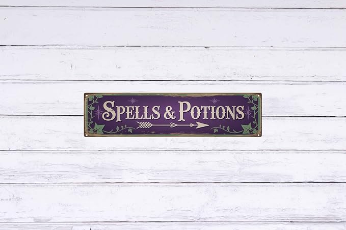 Spells and Potions Metal Sign 4x16in Whimsical Plaque for Witchy Room Wall Decor