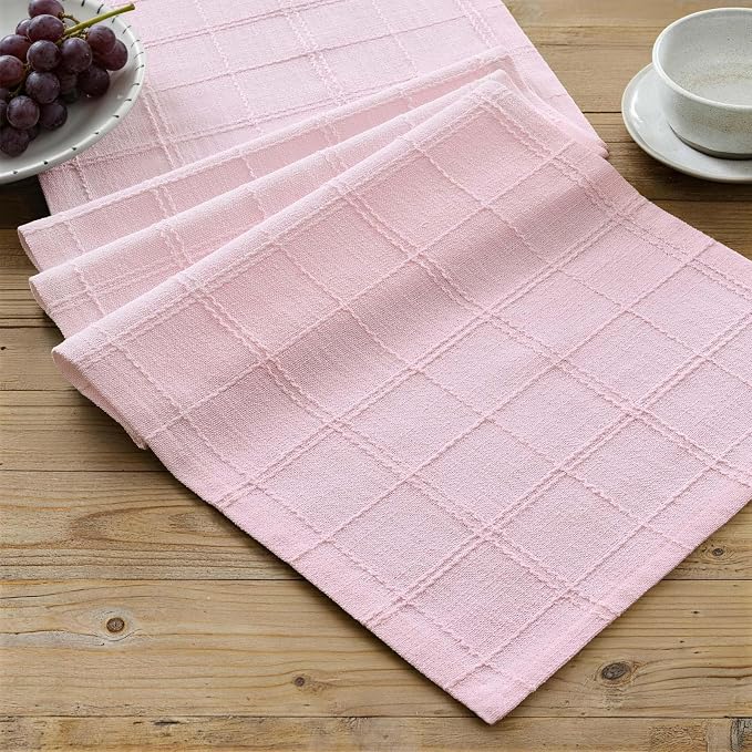 ZeeMart Linen Checked Farmhouse Table Runner, 13x108 Inches Pink | Raised Grid Design, Rich Woven Texture, Linen Blend Table Runners 108 Inches Long, Machine Washable, Boho Home Kitchen Decor