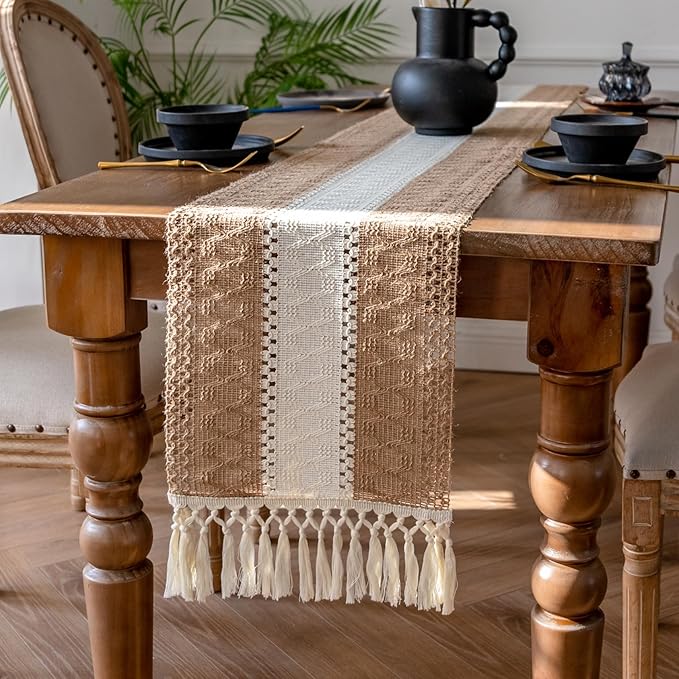 EMMTEEY Boho Table Runner with Tassels- Scratch & Heat Resistant, 94 Inches Long Table Runner Cotton Linen Macrame Handmade for Dining Table/Wedding Décor (12"X94", Brown White)