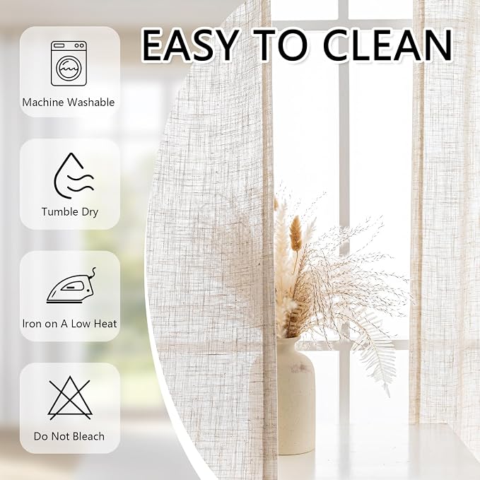 MYSKY HOME Kitchen Semi Sheer Linen Curtains 24 Inch Long, Light Filtering Window Panels Rod Pocket Valance Neutral Drapes for Small Window/Cafe/Bathroom Basement, Linen, 2 Panels, 34 x 24 Inch