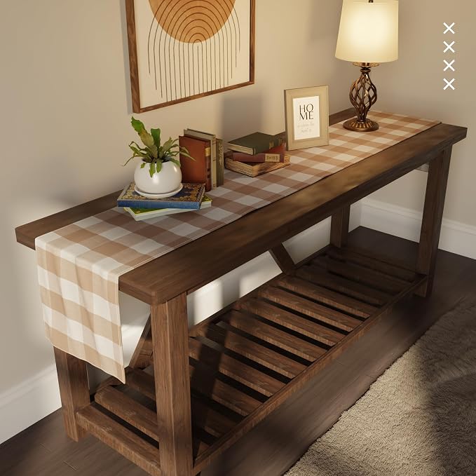 Encasa XO Cotton Dining Table Runner | Buffalo Beige Checks | Size 13x59 in - Machine Washable & Durable