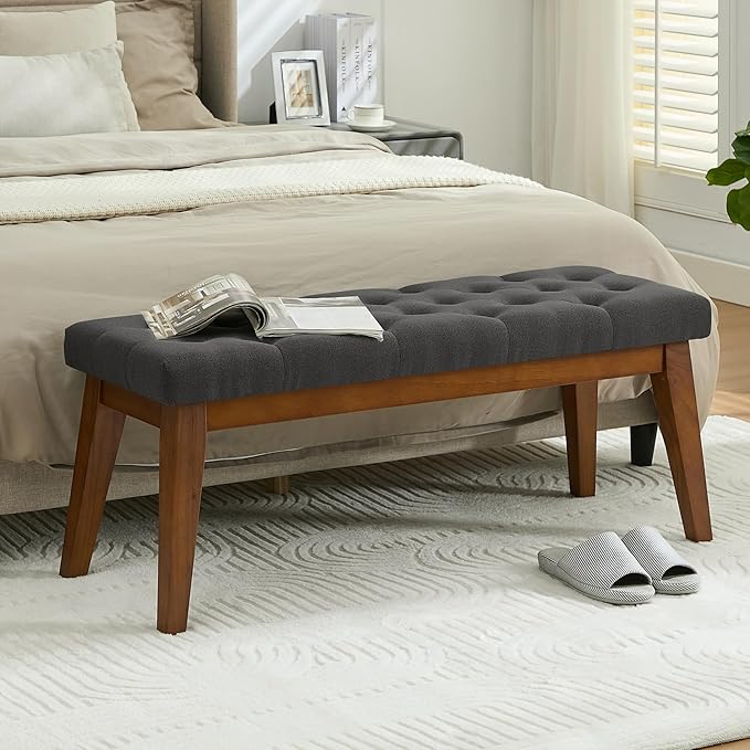 WUTUTUEE 43.5'' Linen Bedroom Bench, Upholstered End of Bed Bench with Tufted Button, Padded Vintage Dining Bench, Entryway Bench with Solid Wood Legs, Kitchen, Living Room, Hallway, Dark Grey Tufted