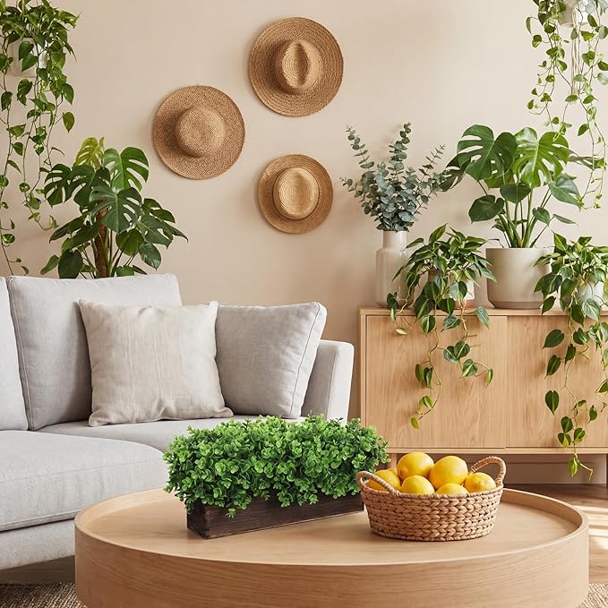 Lyrow 2 Pack Artificial Eucalyptus Plant in Rustic Rectangular Wooden Planter Box Greenery Faux Potted Herb Plant for Indoor Wedding Table Centerpiece (Emerald,16 x 3.7 x 8.7 Inches,Stylish Style)