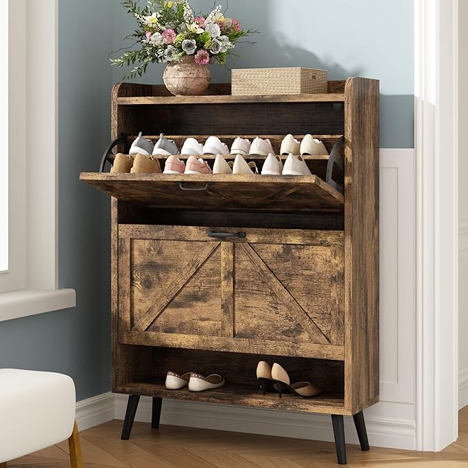 Shoe Storage Cabinet for Entryway, Hidden Shoe Cabinet with 2 Flip Drawers, Free Standing Wooden Shoe Cabinet for Hallway, Narrow Slim Shoe Organizer Shoe Rack