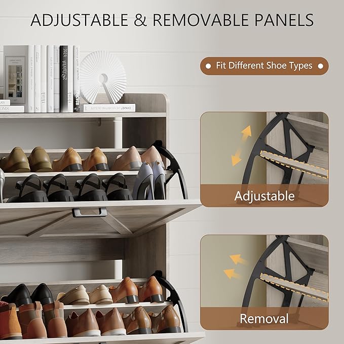 Shoe Cabinet with 3 Flip Drawers, Freestanding Hidden Shoe Storage Organizer for Entryway, Narrow Slim Shoe Rack Cabinet with Open Storage & Hooks for Front Door Entrance, Living Room, Hallway, Grey