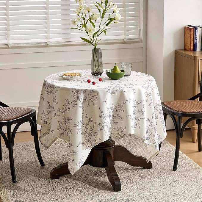 Linen Square Tablecloth 55x55 Inch Floral Table Cloth with Purple Flowers Pattern Burlap Textured Farmhouse French Rustic Vintage Outdoor Table Cover for Picnic,Dining,Party,Home Decor
