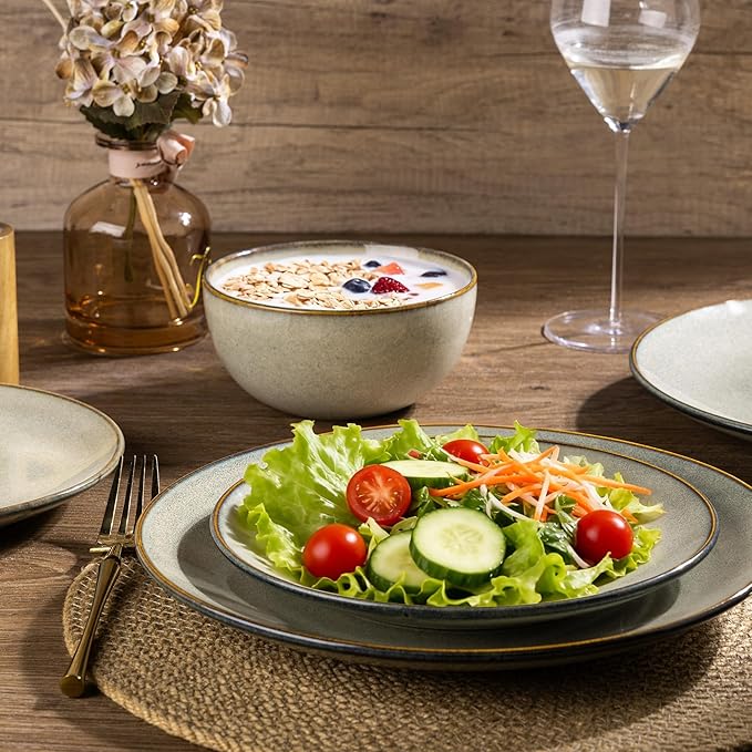 AmorArc Ceramic Dinnerware Sets for 6, 18 Pieces Handpainted Plates and Bowls Set, Scratch Resistant Stoneware Dishes Set, Dishwasher & Microwave Safe, Reactive Glaze