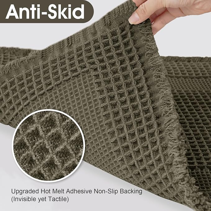 Upgraded Waffle Bath Mat Set 2 Piece Greyish Green-Looped, Super Absorbent Non-Slip Quick Dry Bathroom Rugs with Tassels, Machine Washable Ultra Soft Boho Bath Rugs, Toilet Mats Boho Farmhouse Decor