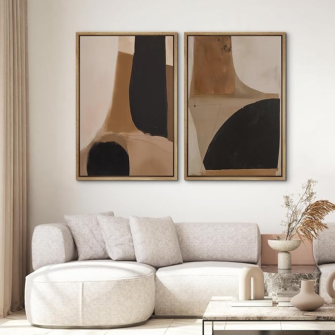 SIGNWIN Framed Canvas Print Wall Art Set Warm Neutral Abstract Shapes Illustrations Modern Art Rustic Colorful Ultra for Living Room, Bedroom, Office - 24"x36"x2 Natural
