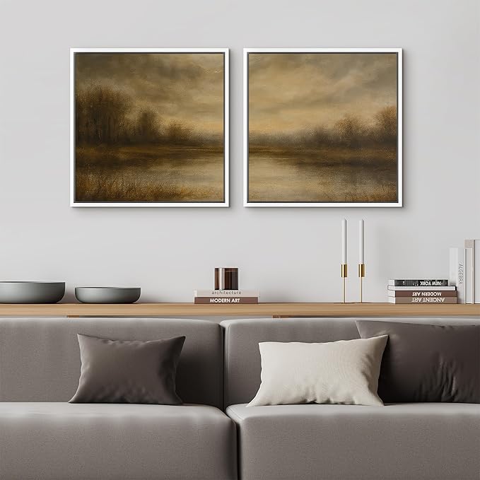 SIGNFORD Framed Canvas Print Wall Art Set Warm Brown Abstract Landscape Artwork, Moody Lake Reflection Illustrations Modern Art Minimal Relax/Calm for Living Room, Bedroom, Office - 24"x24"x2 WHITE