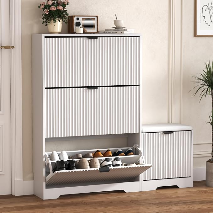 HUANLEGO Shoe Cabinet Storage for Entryway with 4 Flip Drawers, White Fluted Shoe Cabinet with Bench, Wooden Hidden Shoe Rack Freestanding Narrow Slim Shoes Storage Organizer for Hallway, Entrance