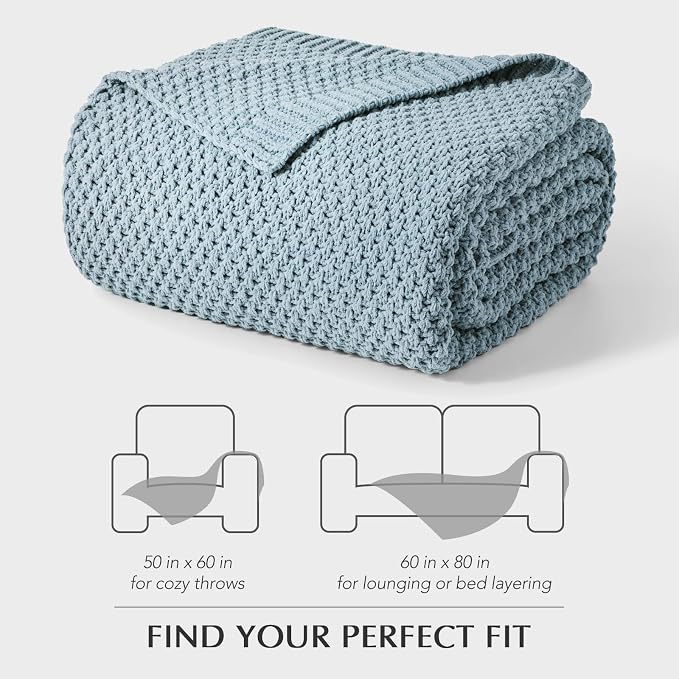EVERGRACEHOME Chunky Chenille Knit Throw Blanket for Couch, Soft Luxurious Moss Stitch Blankets for Bed, Cozy Decorative Farmhouse Knitted Throws for Sofa, Chambray Blue, 60" x 80"
