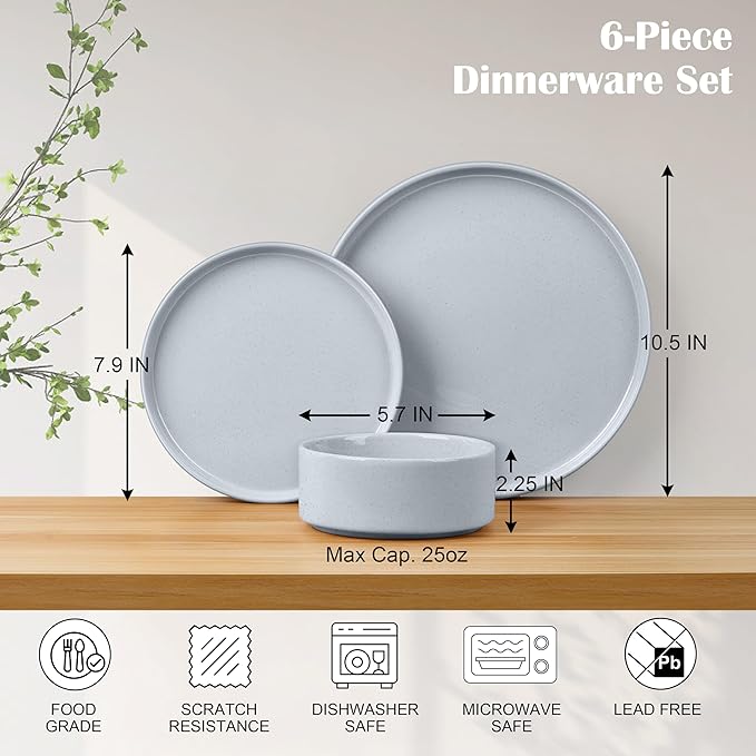 E-far 6-Piece Stoneware Dinnerware Sets, Plates and Bowls Set for 2, Kitchen Modern Dishes Set for Everyday & Formal, Chip and Scratch Resistant, Microwave & Dishwasher Safe, Speckled Gray