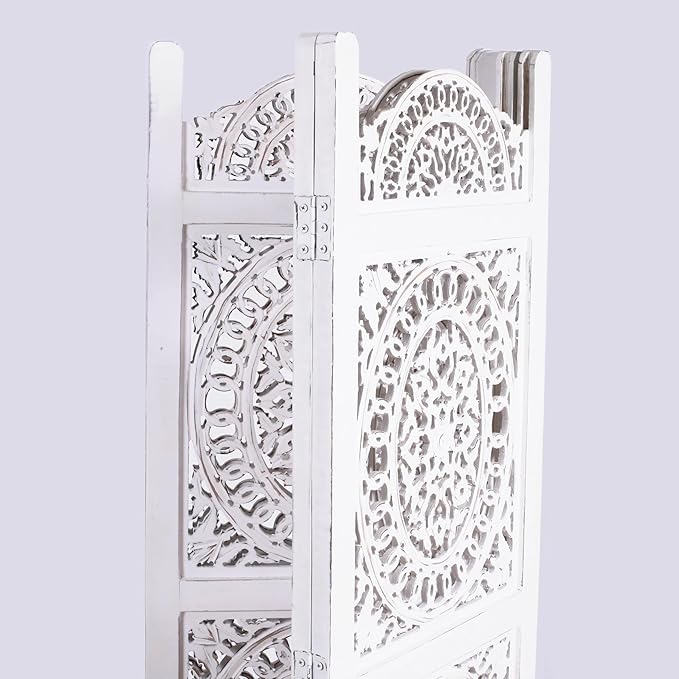Lightnpro 4-Panel Wooden Room Divider 48 × 64 Inch Antique White Finish - Hand-Carved Oval Folding Privacy Screen, Pre-Assembled Decorative Partition for Living Room, Bedroom & Home Office