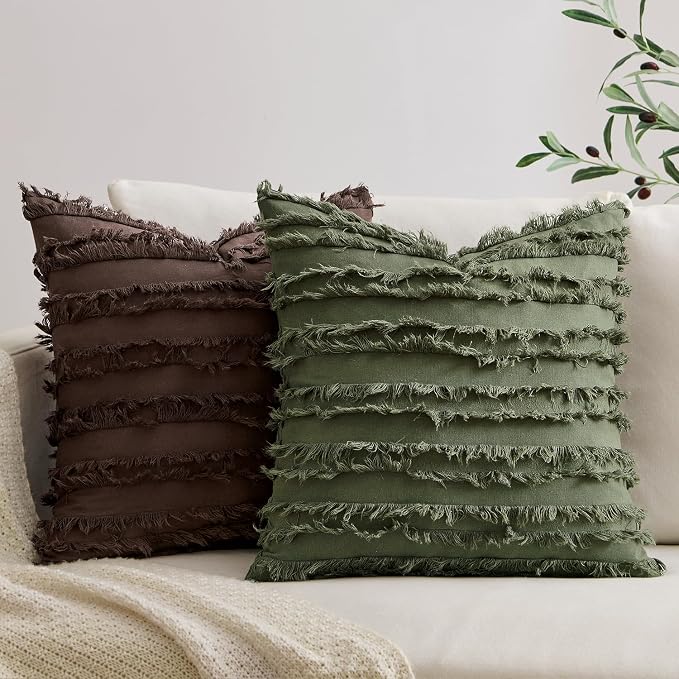 MIULEE Decorative Boho Throw Pillow Covers Set of 2 Dark Brown Chocolate Modern Linen Striped Jacquard Pattern Farmhouse Neutral Cushion Covers for Sofa Couch Living Room Bedroom 18x18 Inch Home Decor